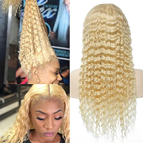 Deep Wave 13x4 HD Transparent Lace Front Wig Blonde 613 Deep Wave Human Hair Wig for Black Women 22inch Brazilian Virgin Human Hair 613 Lace Front Wig with Baby Hair Pre Plucked Free Part 150% Density
