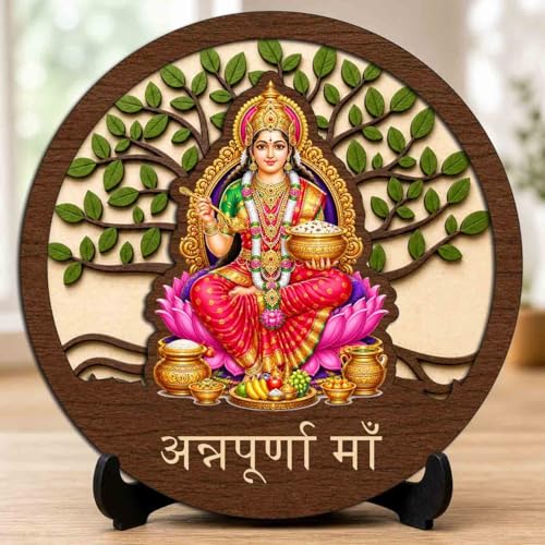 Image of Annapurna Maa Wooden Idol with Stand for Home Temple, Puja Room, Office Desk & Indoor Mandir Decor - 5x5 Inch