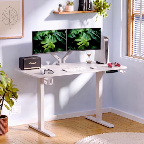 Image of V ONE Electric Standing Desk with 1-Piece Solid Top | Heavy Duty Height Adjustable Computer Desk | 3 Memory Preset | 5 Year Warranty | for Home Office (White, 140 * 60 CM)