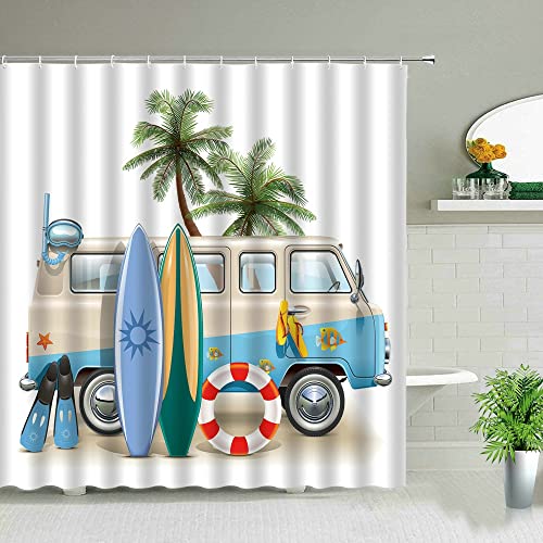 Vacaciones de Verano Retro autobús Retro Camping Coche Cortina de Ducha Tabla de Surf baño decoración del hogar Cortina con Gancho S.5 90x180cm