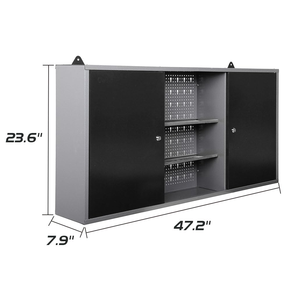 JZD Metal Wall Cabinets with 2 Lockable Doors, for Garage Tool Storage, Black & Grey