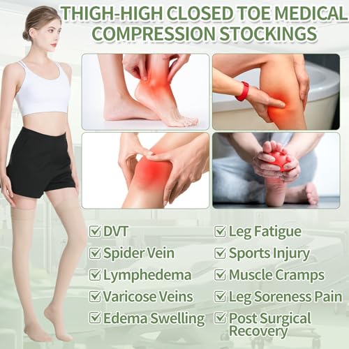 20-30mmHg Medical Thigh High Compression Stockings for Women & Men,Closed Toe Graduated Compression Socks,Circulation Pressure Stockings for Varicose Veins，Edema, DVT (Beige*2, M) — view 5