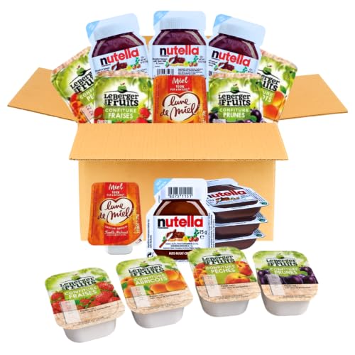 60 Barquettes LE BERGER DES FRUITS/NUT/LUNE DE MIEL | Assortiment de 12 Miel + 24 Pâtes à tartiner + 24 confitures assorties : Pêche, Fraise, Prune, Abricot...