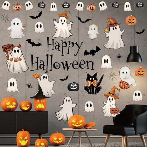 Whaline 9 Sheets Halloween Wall Stickers Ghost Pumpkin Bat Wall Decals Vintage Room Mural Stickers for Home Party Decoration 8.3 x 10.6 Inch