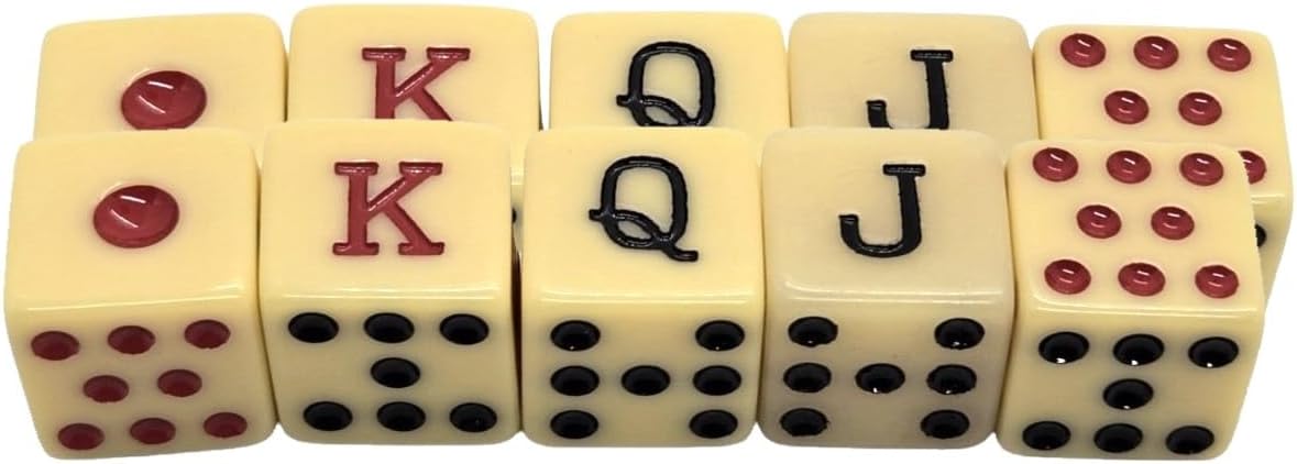 Spanish Poker Dice Set for Cubilete – 16mm (5/8") Dados de Poker – Dot, K, Q, J, 8, 7 Symbols (Classic Ivory Dice, 6 Sets - Party Pack)