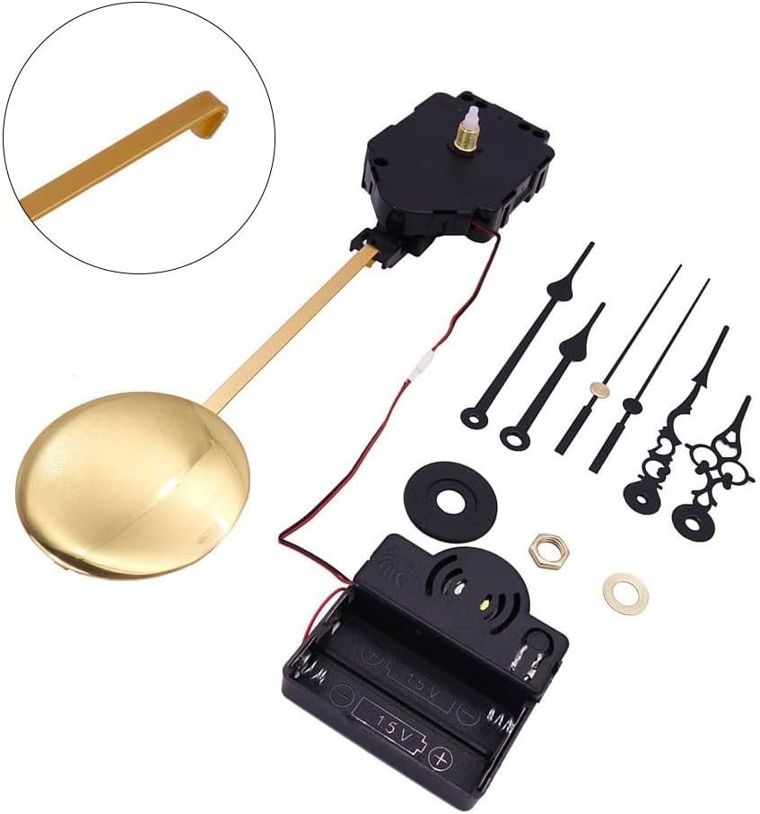 Wall Clock Movement Mechanism with Sweeping Second Hand and Golden Pendulum for DIY Repair – Metal Movement Kit Includes Music Box, Hands, and Hardware
