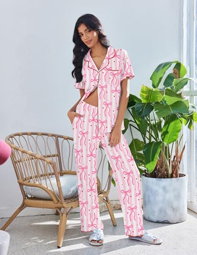 Image of Ekouaer Pajamas for Women Set Button Up Soft Pjs Short Sleeve 2 Piece Lounge Sets Comfy Sleepwear