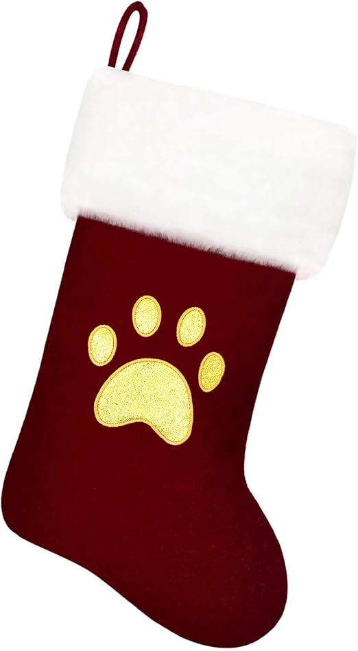 20 Inches Wine Red Velvet with White Super Soft Plush Cuff Monogram Christmas Stockings, Personalized Embroidered Pets Paw Stockings for Family Holiday Decorations and Xmas Tree Fireplace