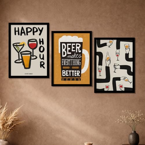 Image of PAINTINGMANTRA Bar and Beer Retro Graphic Framed Poster for Living Room inchHappy Hour inch Retro Framed Painting for Home Decor Bar Pub Lounge Dining area restaurant Hotel Set of 3, Size 33x45 cm