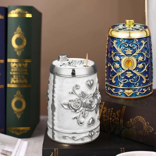 swsce Vintage Automatic Toothpick Holder Box,Hand Press Retractable Toothpick Dispenser Toothpicks Case Storage Organizer Container for Kitchen Home Restaurant Hotel (Silver Flower) - Thumbnail 6