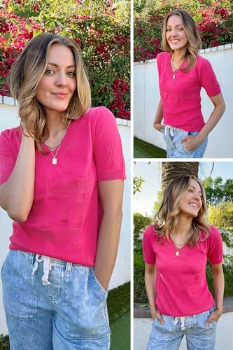 Image of Arach&Cloz Women's Lightweight Spring Summer Sweater Tops Casual Short Sleeve Blouses Shirts