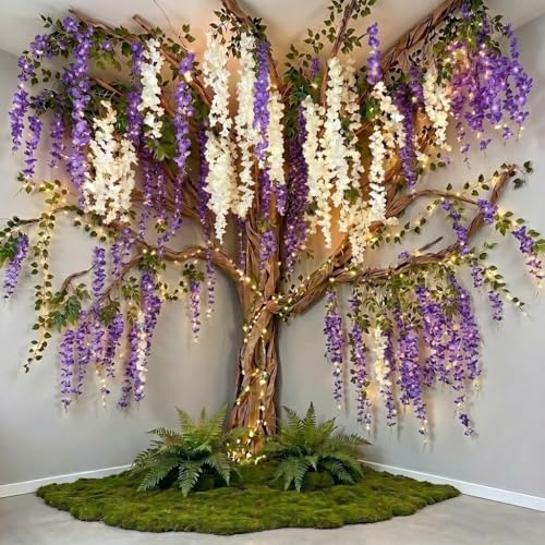 3D Classroom Tree Wisteria Tree Ceiling Decor with Light Back to School Classroom Bulletin Board Decor 24 PCS Kraft Paper Fake Vine for Hanging Bedroom Indoor Aesthetic Decoration (White Purple)