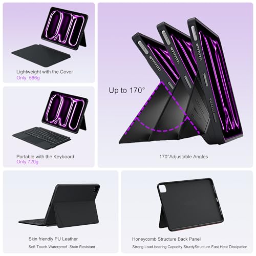 Image of WIWU iPad Pro 13 inch Case with Keyboard M4 /M5 2024 /2025 Magnetic Detachable 3 in 1 Case Bluetooth Keyboard Adjustable Stand 7 Colors Backlit Keys with Trackpad (Black, iPad Pro 13 inch(M4 /M5 2024 /2025))