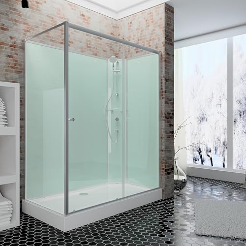 Schulte Fertigdusche Komplettdusche 120 x 90 cm Duschtempel Ibiza, 5 mm Sicherheits-Glas, Profile alu natur, Rückwände light-grün, Duschwanne weiß