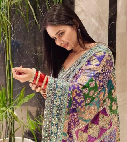 Image of Women's Blue Green Pink Multicolored Ajrak Digital Prined Real Mirror And Latkan Worked Saree With Blouse