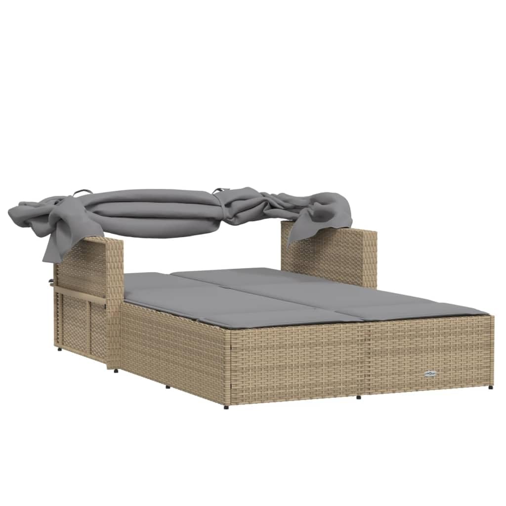Homgoday Lits de jardin, lit double avec auvent et coussins beige mixte polyrotin, chaises longues, canapé-lit, lit meuble, lit de piscine, chaise longue de jardin w