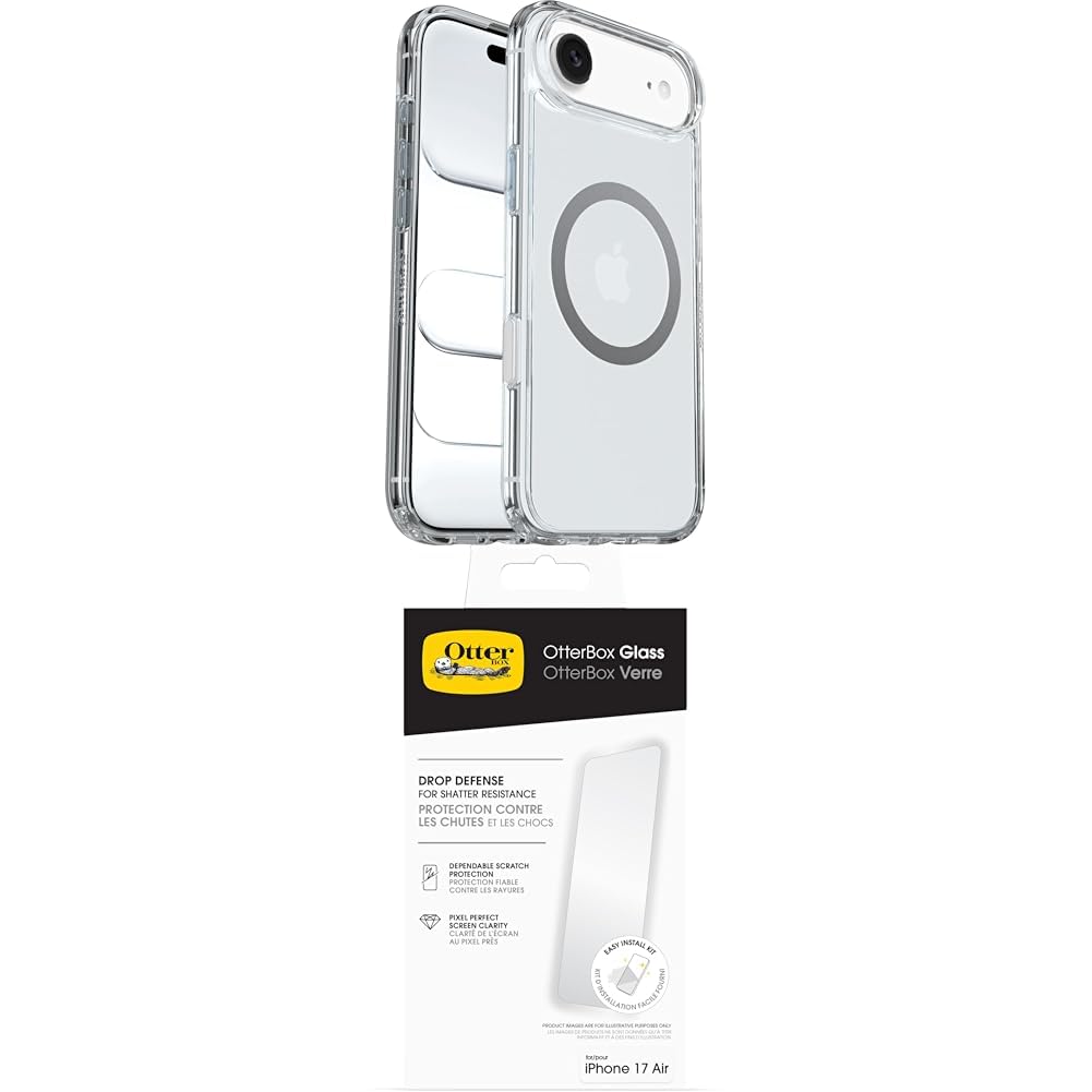 OtterBox Symmetry Series Clear MagSafe funda para iPhone Air, Testada 3x con los estándares Militares anticaídas, Transparente + OtterBox Glass Protector de Pantalla de Cristal Templado