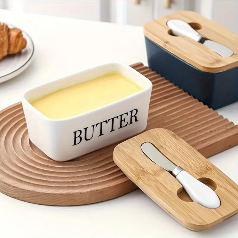 Image of Ceramic Butter Container with Wooden Lid & Butter Knife - Large Butter Dish for Kitchen Counter, Airtight Butter Keeper for Soft Butter, Elegant Ceramic Butter Box for Storage