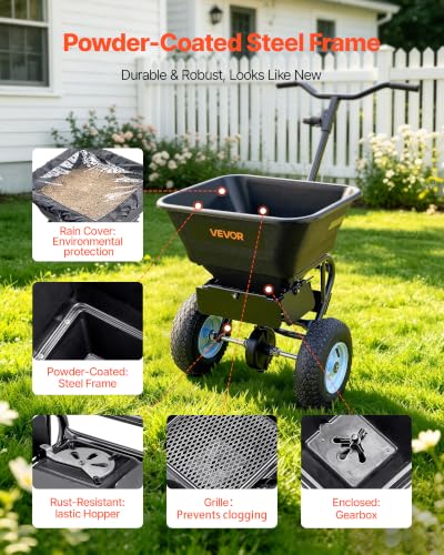 Image of VEVOR Broadcast Spreader 100 lbs Capacity Walk-Behind Push Spreader Black | For Lawn Garden, 0-9.8 ft Spreading Width, 13 in All Terrain Pneumatic Tires, Hopper Grate for Seed Fertilizer Salt Ice Melt | For Lawn Garden, 0-9.8 ft Spreading Width, 13 in All Terrain Pneumatic Tires, Hopper Grate for Seed Fertilizer Salt Ice Melt