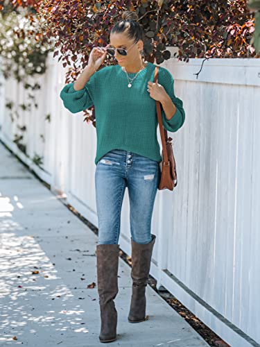 Image of MEROKEETY Women's Fall Long Sleeve Waffle Knit Oversized Sweater | Fall Fashion, Crew Neck, Tunic, Dressy Casual, Trendy, Cute, Pullover Tops, Long Lantern Sleeves, Loose Fit, Drop Shoulder