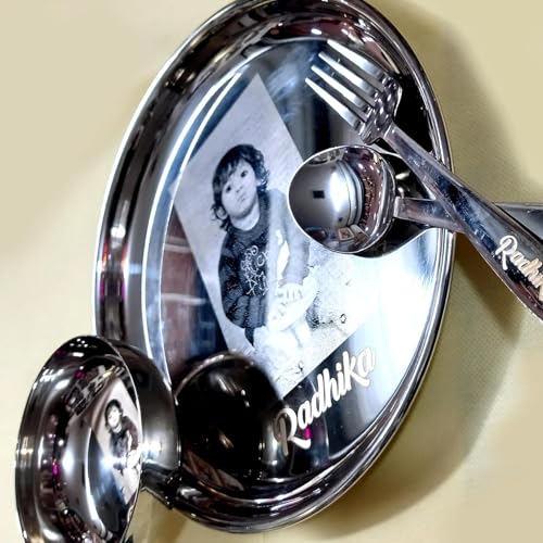 Image of Customised /Laser Photo Print Stainless Steel Round Lunch & Dinner Set for Kids Dinner Plate (4 PC (Medium))