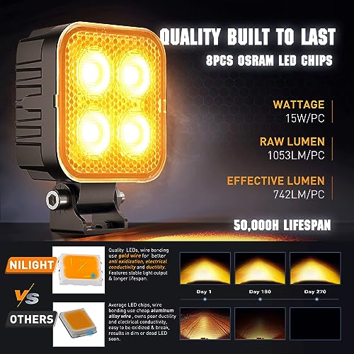 Image of Nilight 2PCS 3 Inch 15W Amber LED Pods Square Built-in EMC Work Flood Beam for Offroad Lighting Side Light Rear Back-Up Light for Tractor Truck Motorcycle Boat ATV UTV