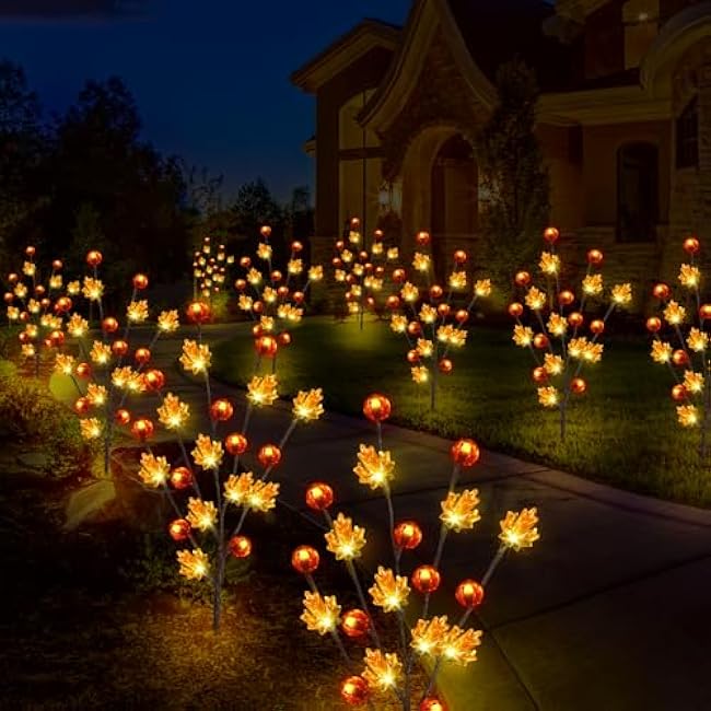 Fall Decor Solar Garden Lights Outdoor for Thanksgiving Decorations,4PACK 80LED Pumpkin Maple Leaf Tree with Friendsgiving Gifts,Solar Fall Decor Lights for Home/Garland/Thanksgiving Day Orange