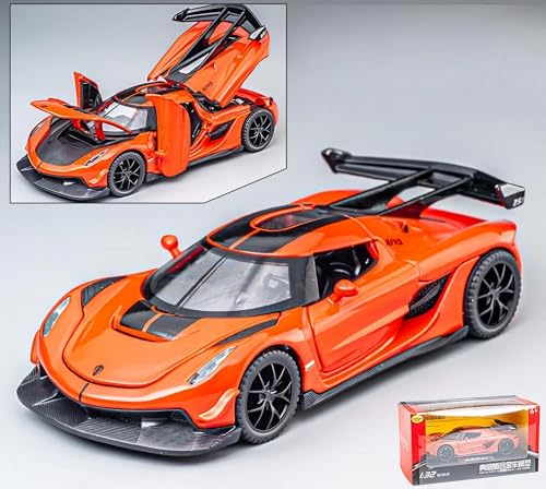 Image of 1:32 Scale Koenigsegg Jesko Model Super Car - Exclusive Alloy Metal Pullback Toy with Openable Doors, Lights, and Music for Kids (Orange)