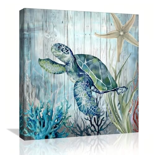 Sea Turtle Decor Pictures for Bedroom Bathroom Wall Decor Modern Wall Canvas Art Ocean Theme Painting Pictures Art 14 x 14 Inch Suitable for Office/Kitchen Waterproof Framed Picture