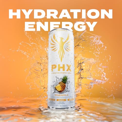 Image of PHX Hydration Energy Drink - 700mg Electrolytes, 200mg Natural Green Tea Caffeine, 100% Daily Value 8 Essential Vitamins - 12 oz Cans (12 Pack, Pineapple)