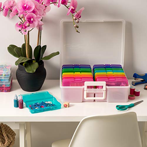 Image of IRIS USA 4 inch x 6 inch |Made in USA| 2-Pack Photo Organizers and Picture Storage Box with Handle, 16 Inner Cases /Containers for Tasks, Stickers, Ephemera, & Flashcards - Pearl /Multi-Color