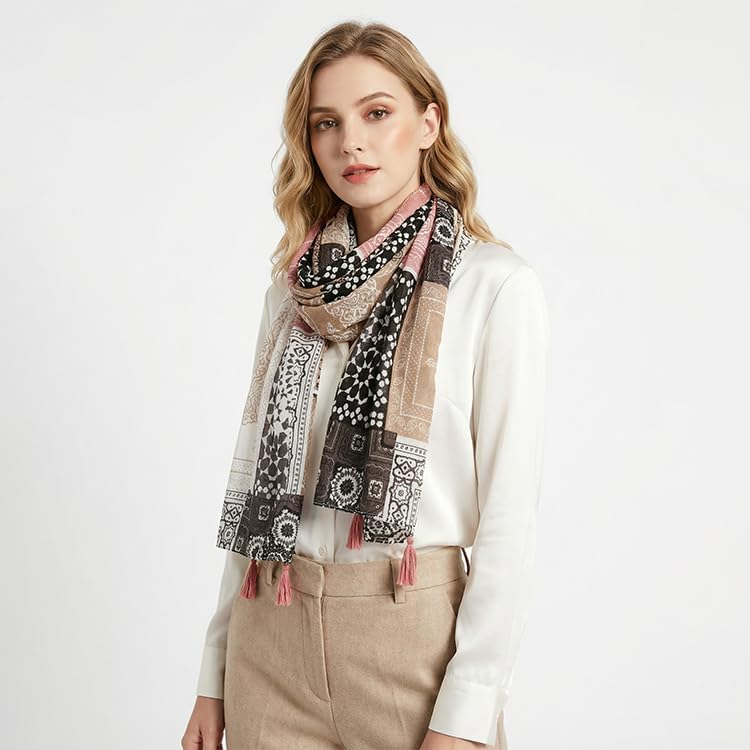 Yeieeo Boho Scarf for Women Lightweight Floral Printed Scarf Fall Winter Fashion Fringed Shawl - Image 3
