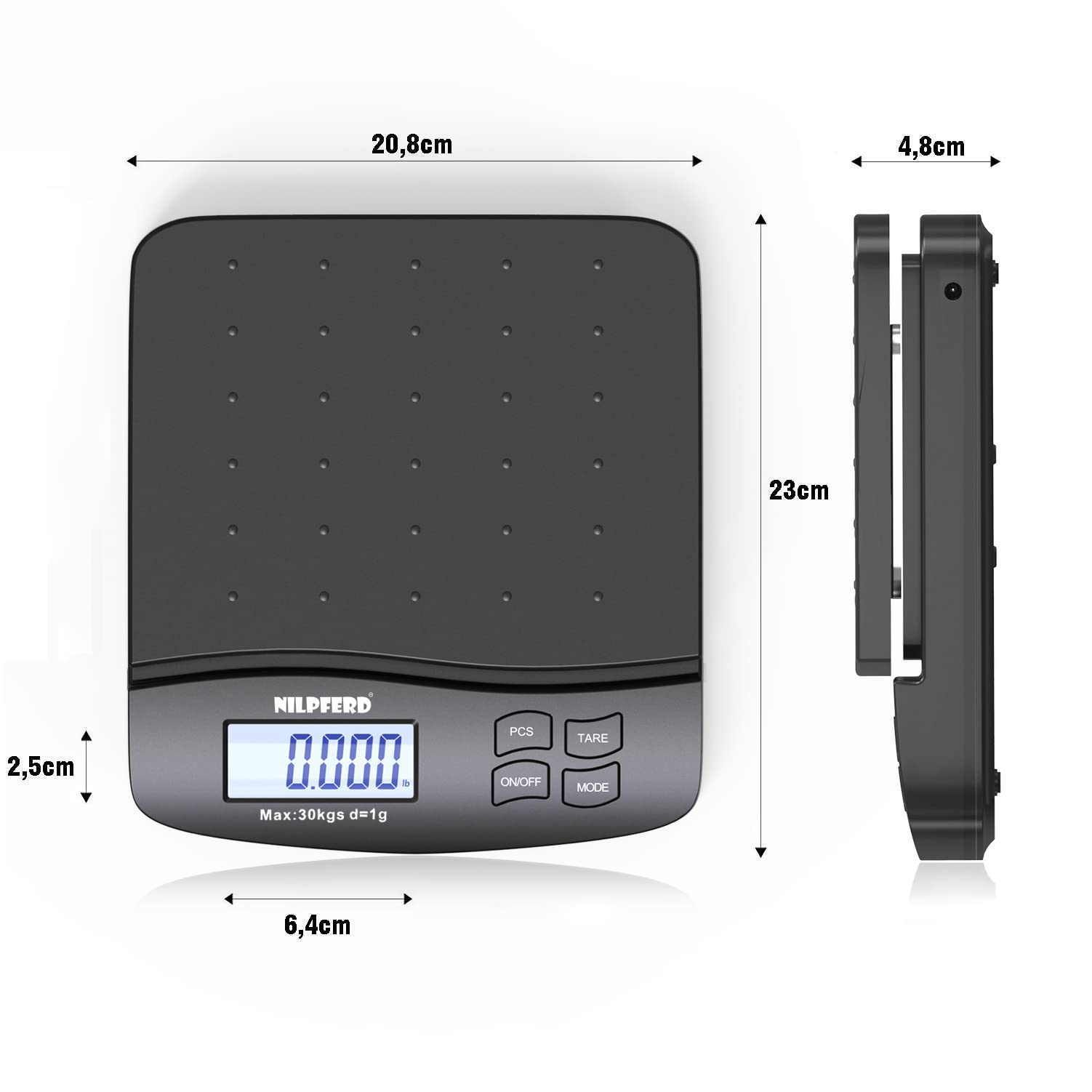 Nilpferd Bilancia digitale per pacchi fino a 30 kg in incrementi di 1 g, bilancia per tutti gli usi (casa/ufficio/magazzino/mercato), con grammatura precisa con display LCD, batterie incluse (nero)