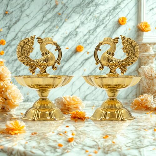 Image of CraftVatika Pure Brass Diya, Peacock Design Brass Diya Set of 2, Kuthu Vilakku for Home Diwali Decor Items, Oil Wick Lamp Deepak Deepam Diwali Decoration Items (7 CM Height)