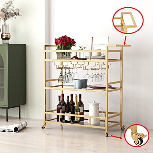Lormiter Gold Bar Carts With 3 Tier Glass Shelves, Rolling Serving Bar Cart With Wine Rack And Glass Holder, Home Bar Carts & Wine Carts On Wheels For Kitchen, Indoor & Outdoor #TOP1