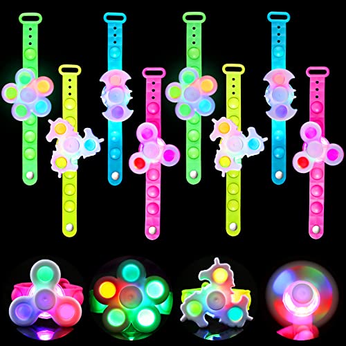 SCIONE Party Favors for Kids Pop Bracelet Spinner 12 Pcs, Kids Glow Party Favors Fidget Bracelet LED Light Up Fidget Pack Glow in The Dark, Push Bubble for Prizes Goodie Bags Filler