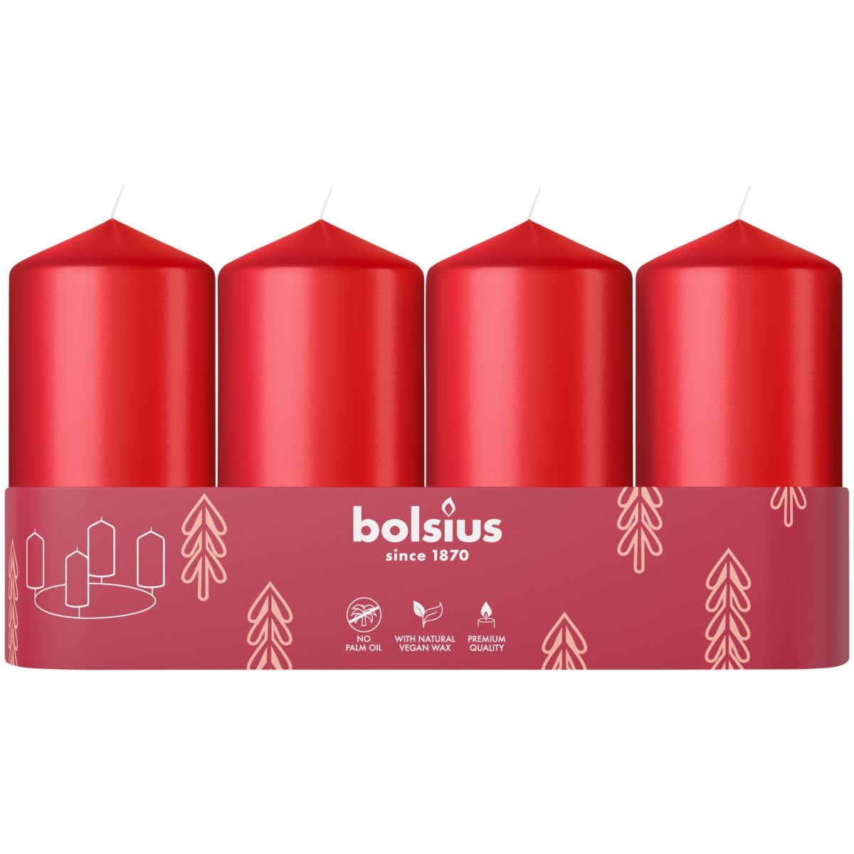Bolsius Smooth Pillar Candles, Set of 4, Red, 100x48 mm, Decorative Candles, Long Burning Time, Unscented