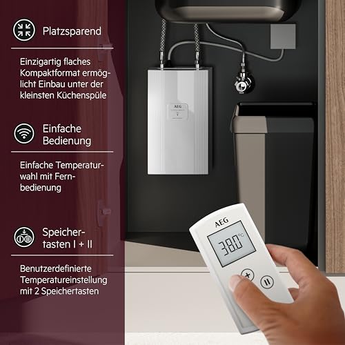 AEG DDLE 230769 Electronic Compact Instantaneous Water Heater FB 11/13 kW with Remote Control for the Kitchen, Made in Germany, Fixed Connection 400 V, Solar-safe, Under-Sink Mounting, VDE Tested