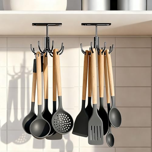 Image of Metal Under Cabinet Kitchen Utensil Hooks,360 Rotating Kitchen Utensil Rack with 8 Hooks,Drilling Free Adhesive Utensils Hanging Rack for Tools /Towel /Knife (Black)