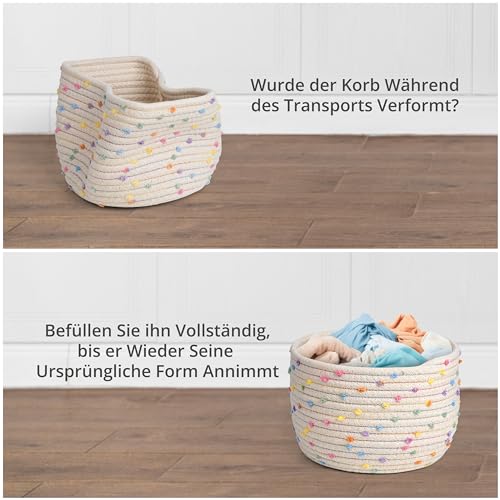 Winter Shore Baumwollseil Körbchen Geflochten - Korb Geflochten mit Deckel für Pflanzen, Garn, Kinderzimmerzubehör, Snacks, Handtücher - Flechtkorb Klein - Cremefarben mit Bunten Akzenten, Rope Basket