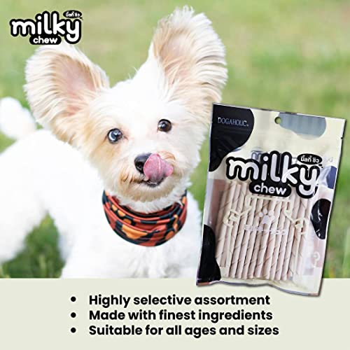 Image of Dogaholic Milky Chew Stick Style Dog Treats Pack of 4, Milk-Flavoured Rawhide Chews for Dogs of All Ages and Sizes, Supports Strong Teeth and Bones, 30 Sticks Per Pack