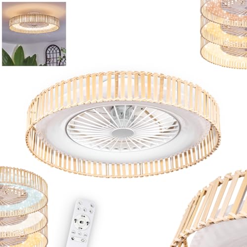 Ventilador de techo LED Benasal, ventilador de plástico/madera en blanco/natural/efecto brillante, Boho, Ø 55 cm, mando a distancia, temperatura de color ajustable con CCT, 40 W, 1700 lm, 3000-6500 K