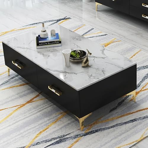 Image of Furo Premium Marble-Top Wooden Center Table for Living Room | PVD Coating Iron Legs| Modern Entryway Furniture | Coffee Table - 42x24x17 Inch (Black and White)