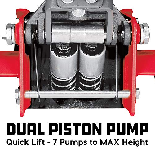 Image of Powerbuilt 2.5 Ton Low Profile Fast Lift Floor Jack - Heavy Duty Dual Piston Quick Pump, 3 inch to 19.5 inch Lift Range for Cars, Trucks, SUVs - Precision Foot Pump, Wide Saddle - 240076
