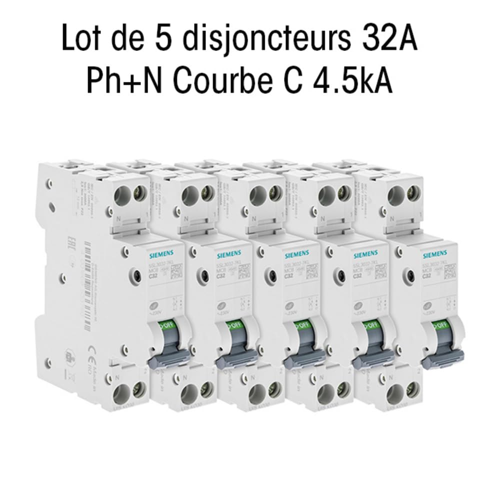Lot de 5 Disjoncteurs électriques phase + neutre 32A
