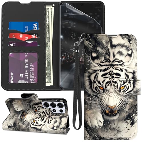 for Samsung Galaxy S24 Ultra Case Wallet with Screen Protector, Stand PU Leather Flip Folio Cover with Card Holder, Full-Body Protection Phone Case for Samsung S24 Ultra, Fierce White Tiger