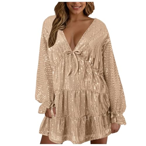Vestido corto de manga larga con cuello en V y lentejuelas brillantes para mujer, con lazo frontal, dobladillo con volantes, vestido de fiesta de cóctel, dorado, XXL