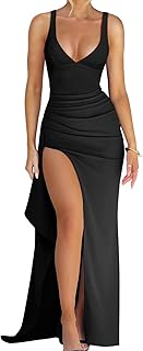 Vestido largo sexy para mujer, con escote profundo, fruncido, con abertura alta, para fiesta