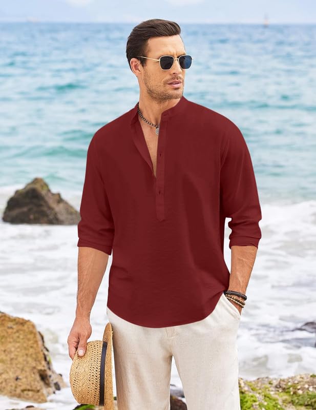 Image of Macsivo Men's Cotton Blend Henley Short Kurta with Mandarin Collar Long Sleeeve Button Closure Curved Hem Regular Fit | Kurta for Men Stylish
