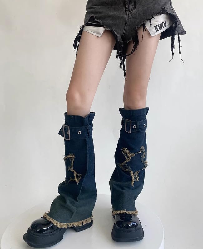 Image of Hopecn Girls Leg Warmers Y2K Skull&Star Print Two Side Wear Knitted Goth Leg Warmer 80s Loose Kawaii Streetwear Socks.